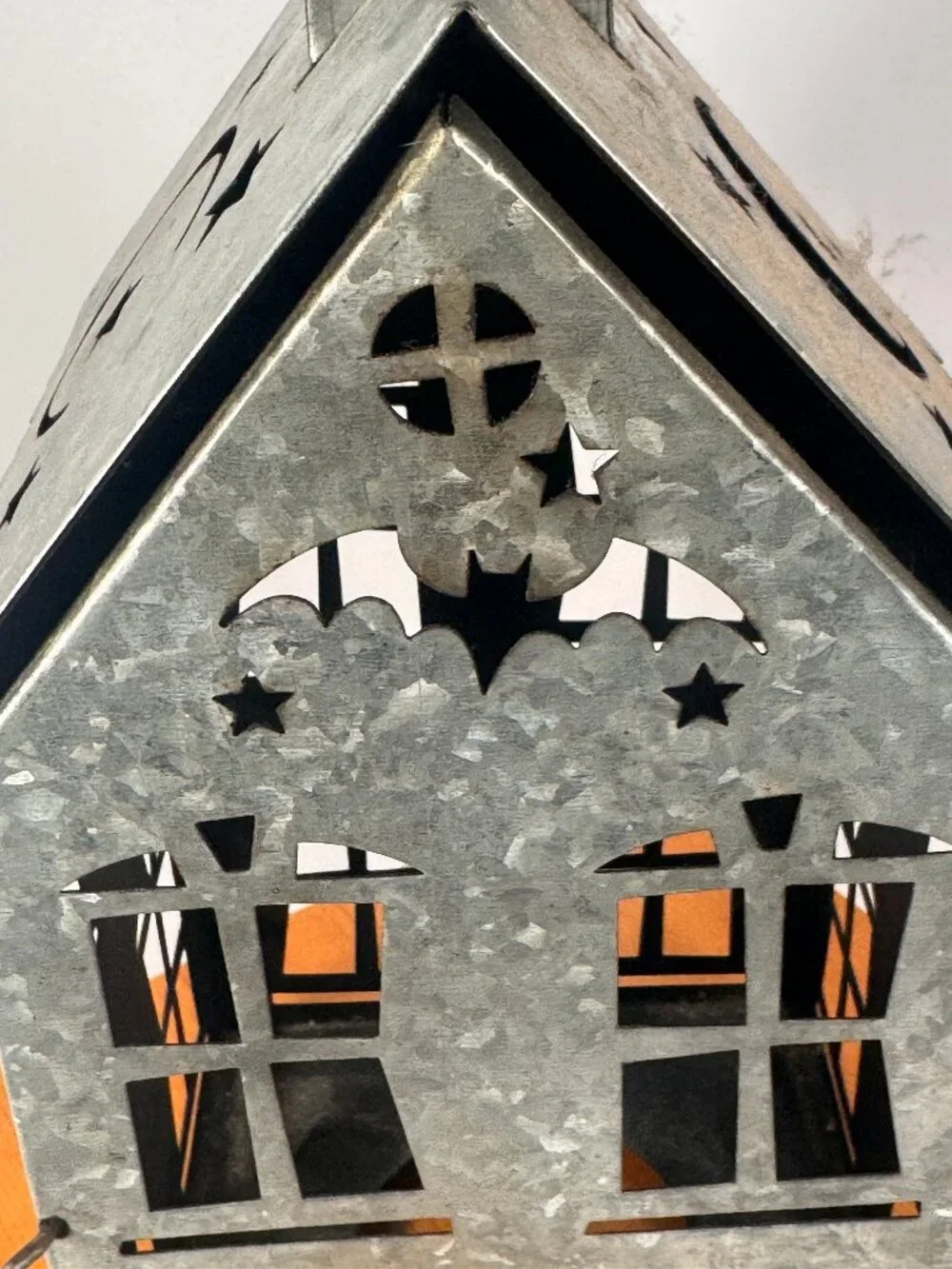 Rustic galvanized metal Halloween haunted house lantern